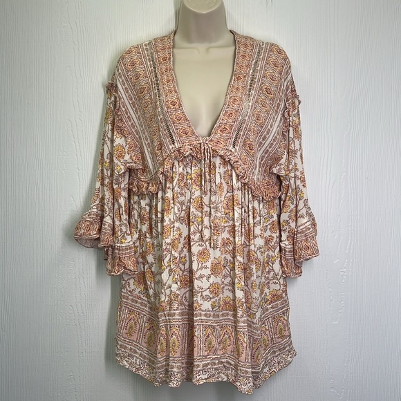 Free People - Moonlight Dance Floral V Neck Boho 3/4 Sleeve Blouse Size Small - Picture 3 of 12